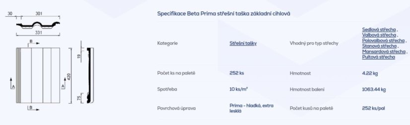 Beta 1/1 - Barva: Černá, Typ tašky: Základní taška, Typ krytiny: Betonová taška, Název: Beta, Povrchová úprava: Elegant - matná